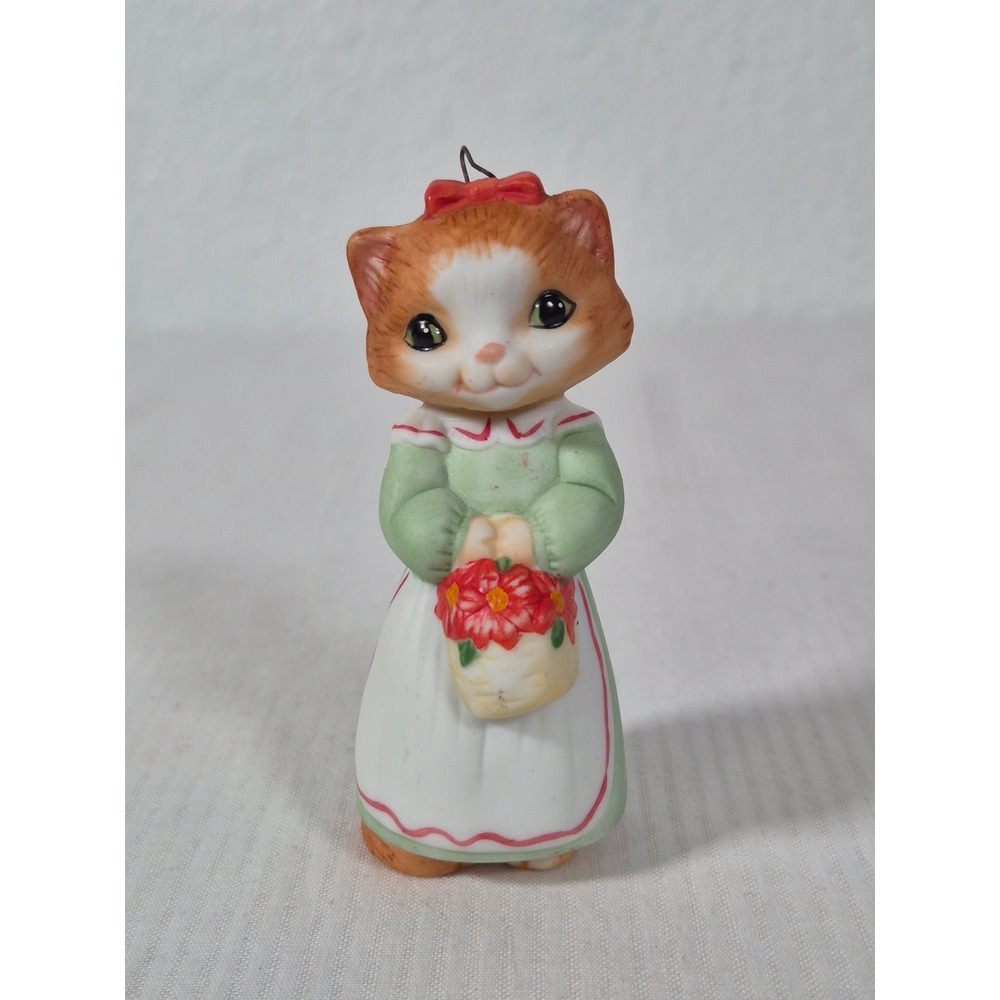 1989 Hallmark Christmas Kitty Ornament Calico Cat Green Dress Flower Ornament